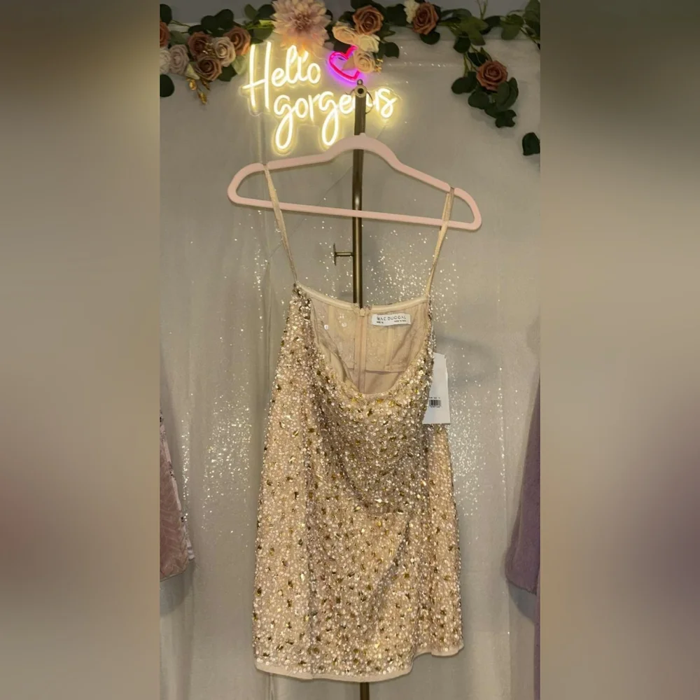 NWT Size 10 Mac Duggal Gold Nude Strapless Sequin Beaded Mini Dress - Picture 4 of 8